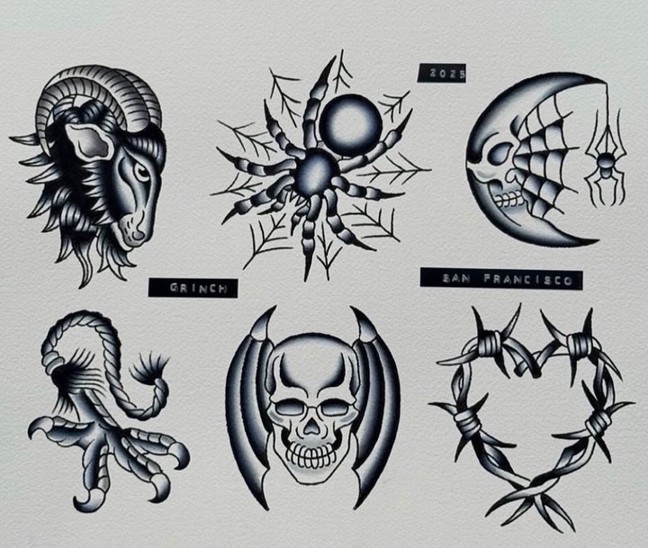A flash sheet with a ram head, a spider, a skull moon and an octopus.