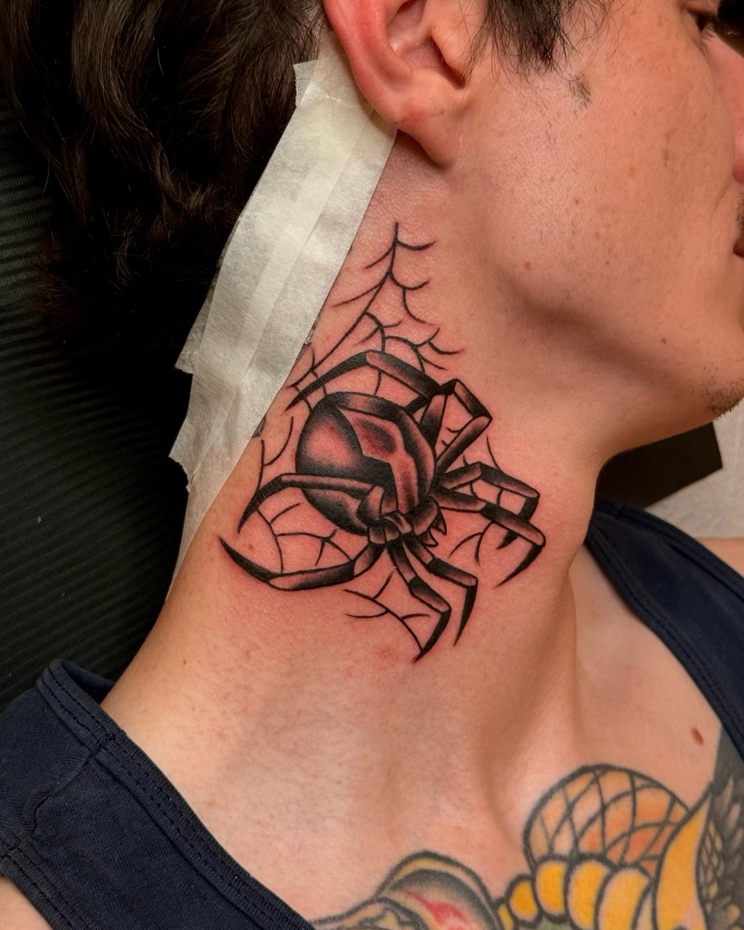 A freshly tattooed black widow spider and web on the side of a neck, the guard tape still on.