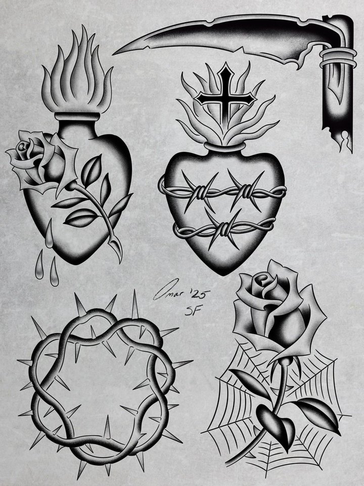 A flash sheet of sacred hearts, a crown of thorns, a scythe and a rose over a spiderweb.