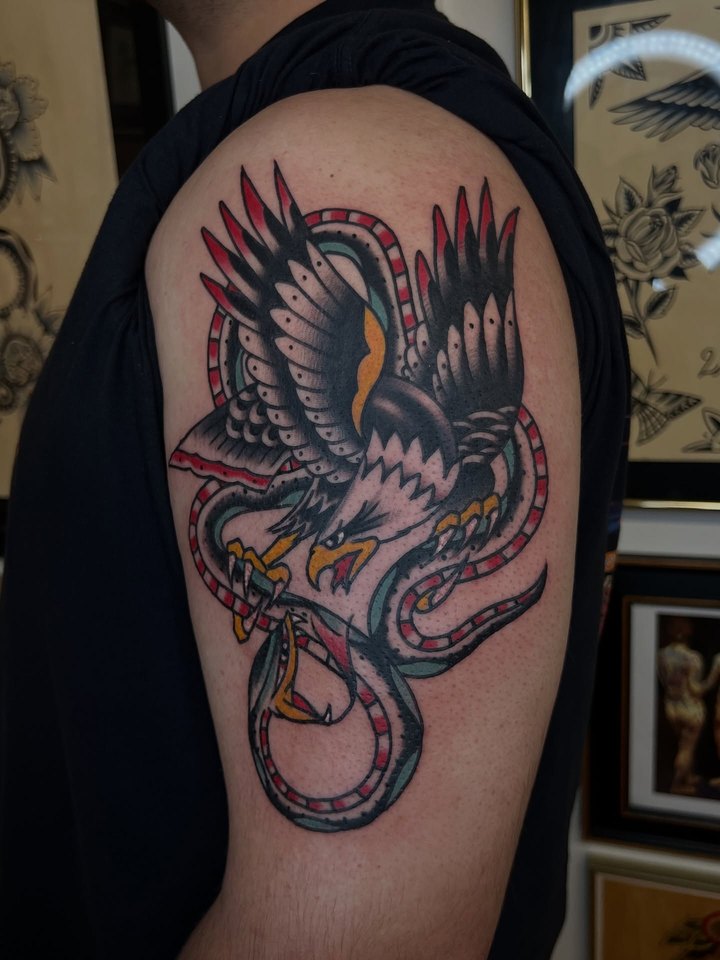 A full colour American traditional eagle fighting a snake, tattooed on an upper arm.