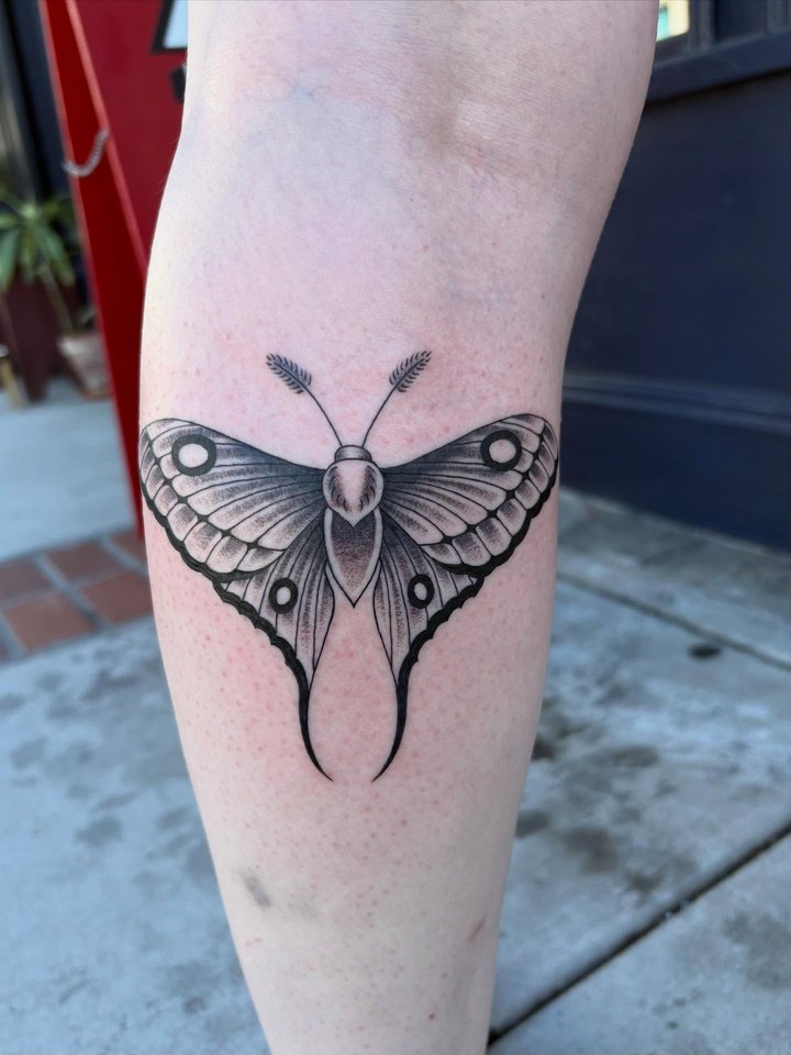 A black and grey luna moth tattooed on a calf, photographed outside the shop.